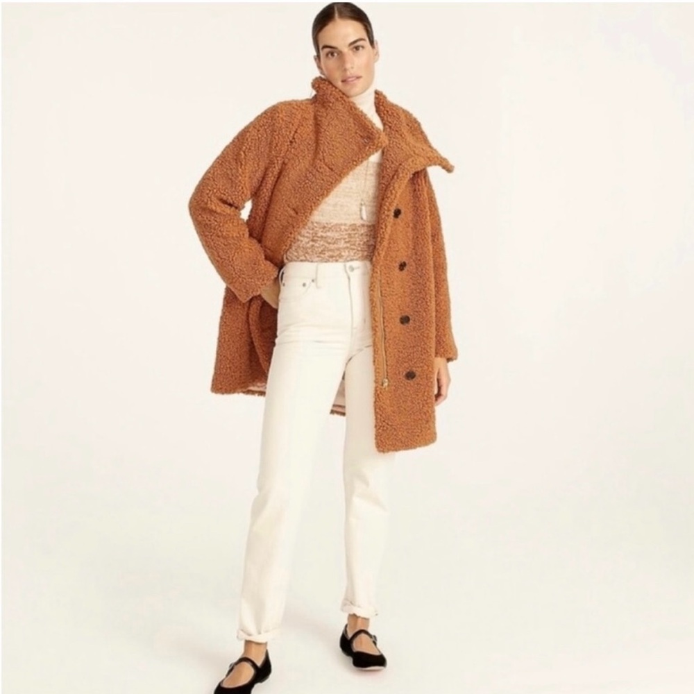 J.Crew Villa Teddy Sherpa Coat with Funnel Collar, Womens Size 6, Brown